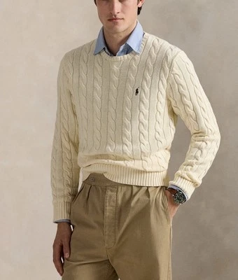 $145 Polo Ralph Lauren Men’s Cable Knit Cotton Crewneck Sweater Andover Cream M - Image 1 of 4