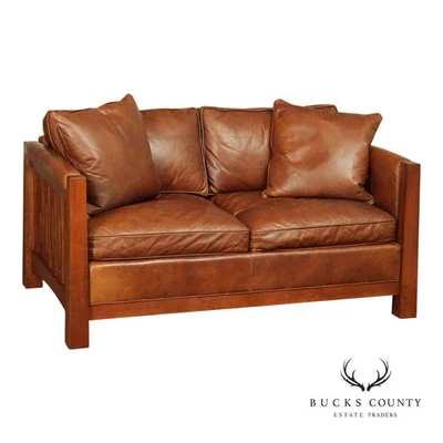 Stickley Highlands Mission Oak Leather Loveseat - Image 1 of 4