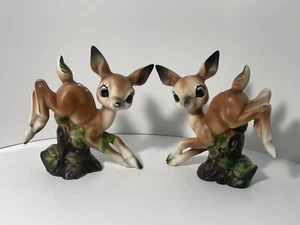 Vintage Pair 2 Leaping Bambi Deer Fawn Doe Big Eyes Japan Kitschy 1950s Ceramic - Picture 1 of 12