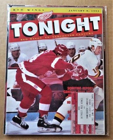 Red Wings vs Vancouver 1-08-1993 Program, Roster Sheet & Game Ticket Probert Cvr Cover