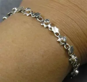 .925 Sterling Silver Star Petite Cubic Zirconia Faceted Round Gemstone Bracelet - Picture 1 of 3
