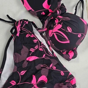 Nuevo top/fondo de bikini floral y negro con calzoncillos con cordones. Talla mediana - Imagen 1 de 5