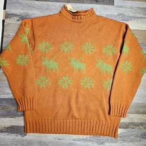 Country Road Sweater Vintage 80s Brown Green Moose Snowflakes 100% Wool Medium - Picture 1 of 7