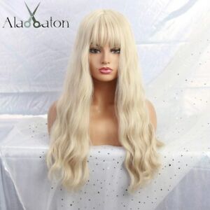 Long Light Blonde Wigs With Bangs Heat Resistant Synthetic Wavy Wigs For Women