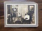 Antique Sitting Room Man With Long Pipe Cane & Ornate Stove Vintage Photo