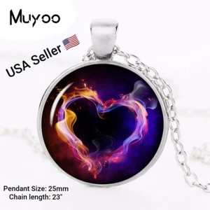 New Chain Love Art Picture Glass Pendant Burnning Heart Necklace Fashion Jewelry - Picture 1 of 5