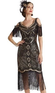 Flapper Dress LG Beaded Sequin Fringe Cold Shoulder LG Dance Gatsby 1920s Lined - Picture 1 of 14