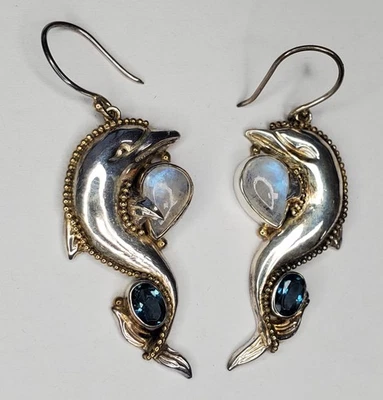 VTG Signed CL 925 Dolphin Earrings 2in Sterling Silver Blue Topaz Moonstone - Image 1 of 4