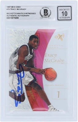 Tarjeta de novato Beckett 10 firmada por Tracy McGrady Raptors 1997-98 Skybox EX 2001 #79 Foto 1 de 2