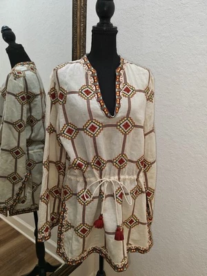 TORY BURCH Embroidered Geo Linen/Cotton Tunic Lg Sleeve Tassel Tie Waist Size 10 - Image 1 of 4