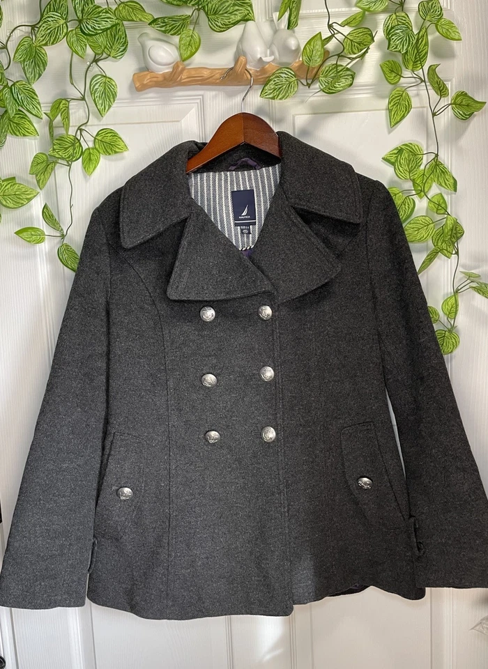 Chaquetón para mujer NAUTICA gris doble botonadura mezcla lana forrado púrpura ~ talla 10 Foto 1 de 4