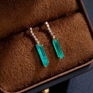 Colombian Raw Emerald Diamond Drop Earrings in 18K Yellow Gold - Picture 1 of 11