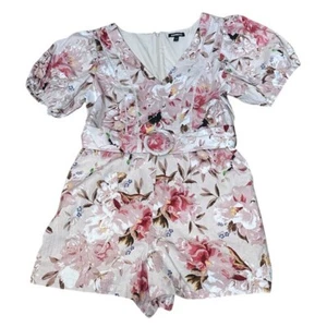Express Women's L Floral Puff Sleeve Romper Cottagecore Belt Linen Pink Pockets - Picture 1 of 7