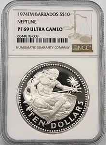 BARBADOS 19774 PROOF SILVER .925 COIN 10 DOLLARS NGC PF69 UCA POP 1 - Picture 1 of 2