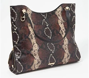 Vince Camuto Bag Emely Leather Brown Black Snakeskin Print Double Handle Tote - Picture 1 of 10