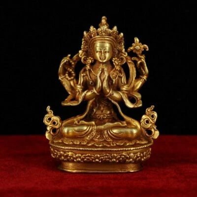 China Antiguo Tíbet hecho a mano rojo cobre dorado cuatro brazos guanyin Buda estatua  Foto 1 de 4