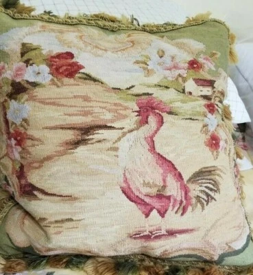 18-дюймовая шерстяная гобеленовая подушка-петух с шерстяной отделкой кисточками - Изображение 1 из 4