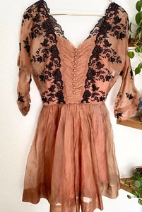Vintage 50s Paul Sachs Silk Organza Lace Floral Romantic Victorian Goth Dress - Picture 1 of 17