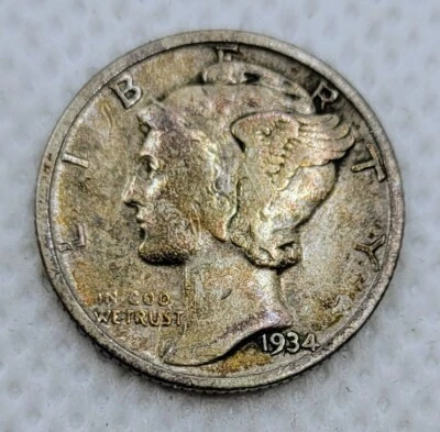 Moneda de diez centavos de mercurio de plata circulada Philadelphia 1934 Foto 1 de 4