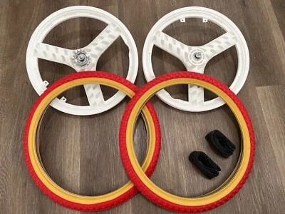 PAIR BICYCLE WHITE 20 PLASTIC 3-SPOKE  WHEEL 3/8 AXLE 20X1.75 RED GUMWALL TIRES - Image 1 of 4