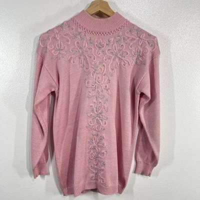 Suéter Vintage. Jaclyn Smith Adornado Cuello Simulado Rosa Tejido Pullover Talla Pequeña Foto 1 de 4