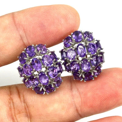 Orecchini In Argento Sterling 925 Ovali In Ametista Pietra Preziosa Naturale - Immagine 1 di 4