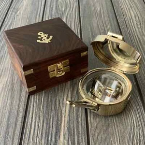 Vintage Brass Brunton Pocket Compass with Wooden Box Nautical Gift - Picture 1 of 10