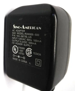 Sino-American Model: R3W005 AC Adapter Class 2 Transformer Output: 5.2VDC-500mA - Picture 1 of 3