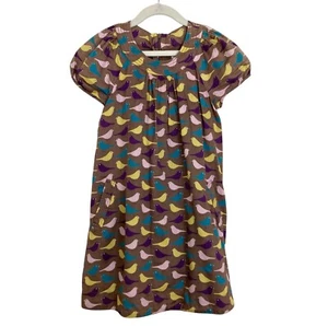 MINI BODEN Bird Print Dress Girls Size 7-8 Yrs Brown Multi Puff Short Sleeve - Picture 1 of 6
