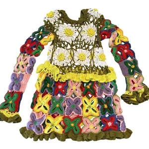 Mini Abito Donna Celia B Galena Verde Multi Uncinetto Manica Lunga X-Small XS - Foto 1 di 8