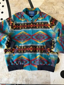 EUC Pendleton Indian GREEN Aztec Print  Wool Blend Bomber Jacket Men's Slim L - Picture 1 of 7