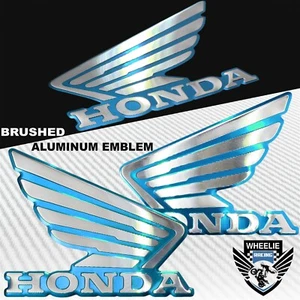 ALUMINUM METAL CYAN BLUE&CHROME HONDA WING LOGO DECAL EMBLEM TANK/FENDER STICKER - Picture 1 of 3