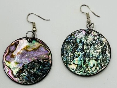 Mother Of Pearl Earrings Abalone Disc 1.25” Drop 2.5” French Wire Blue Gray MOP - Image 1 of 3