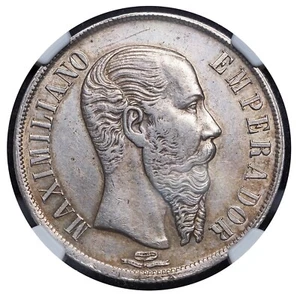 1866, Mexico (Empire), Maximilian I of Austria. Large Silver Peso Coin. NGC AU+ - Picture 1 of 5