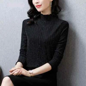 Lady Glitter Shirt Sequin Long Sleeves Tops Pullover Blouse Slim Fit Warm Casual - Picture 1 of 15
