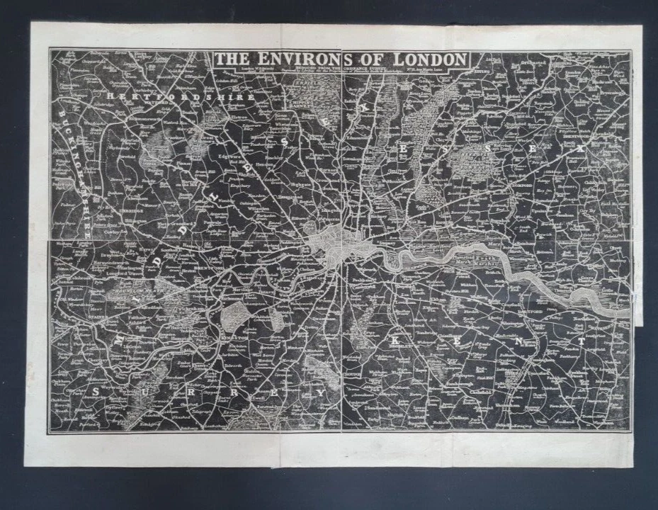 Mapa antiguo original (1833) - Alrededores de Londres de 'Guía al conocimiento'. Foto 1 de 4