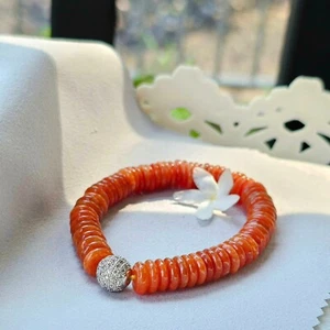 High Quality Jade Red Jade Bracelet Orange Bidis Shape Silver Beads Embedded CZ - Picture 1 of 10