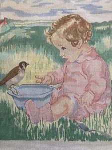 Large Handpainted Needlepoint Canvas Little Girl and Bird 18ct Artist Unknown - Picture 1 of 12