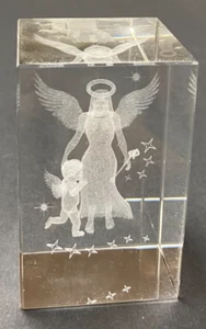 3D Hologram Laser Etched 3" x 2" Glass Block Paperweight with 2 Delicate Angels - Picture 1 of 4