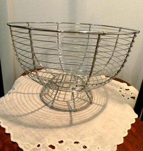 Silver Metal Wire Fruit Storage Basket Open Grid W/ Pedestal Base Farmhouse 10” - Picture 1 of 6