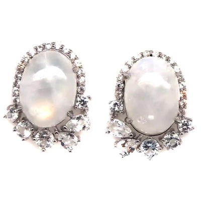 925 Silver 10 x 14 MM. White Blue Rainbow Moonstone, Topaz & Zircon Earrings - Image 1 of 4