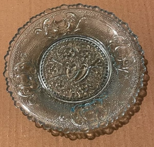 Boston & Sandwich Lt Blue Glass Cup Plate Two Hearts & Harps "Pressed Valentine" - Picture 1 of 5