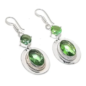 Green Amethyst Gemstone Handmade 925 Sterling Silver Jewelry Earring Size 2" - Picture 1 of 1