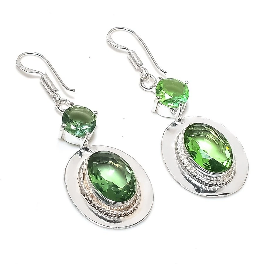 Green Amethyst Gemstone Handmade 925 Sterling Silver Jewelry Earring Size 2" - Image 1 of 1