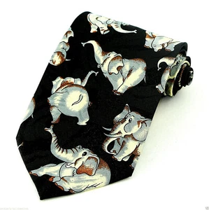 Dancing Elephants Men's Necktie Cartoon Zoo Elephant Animal Black Neck Tie - Picture 1 of 3