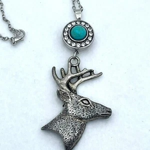 Deer Stag Head Pendant Faux Turquoise Rhinestone Antiqued Silver Tone Necklace - Picture 1 of 6