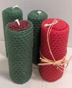 4 Christmas Beeswax Candles Honeycomb 100% Hand-rolled Home Decor 4" - Picture 1 of 8