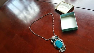Vintage Turquoise & Silver Long Owl Pendant Necklace - Picture 1 of 4