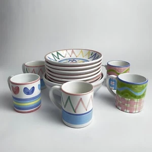 Set ciotole e 5 tazze in ceramica dipinte a mano 13 pezzi vintage Caleca Italy - Foto 1 di 18
