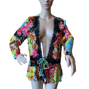 Cárdigan Alberto Makali Y2k Arrugado Corbata XL Chaqueta Lentejuelas Azul Floral Negro Encaje - Imagen 1 de 16